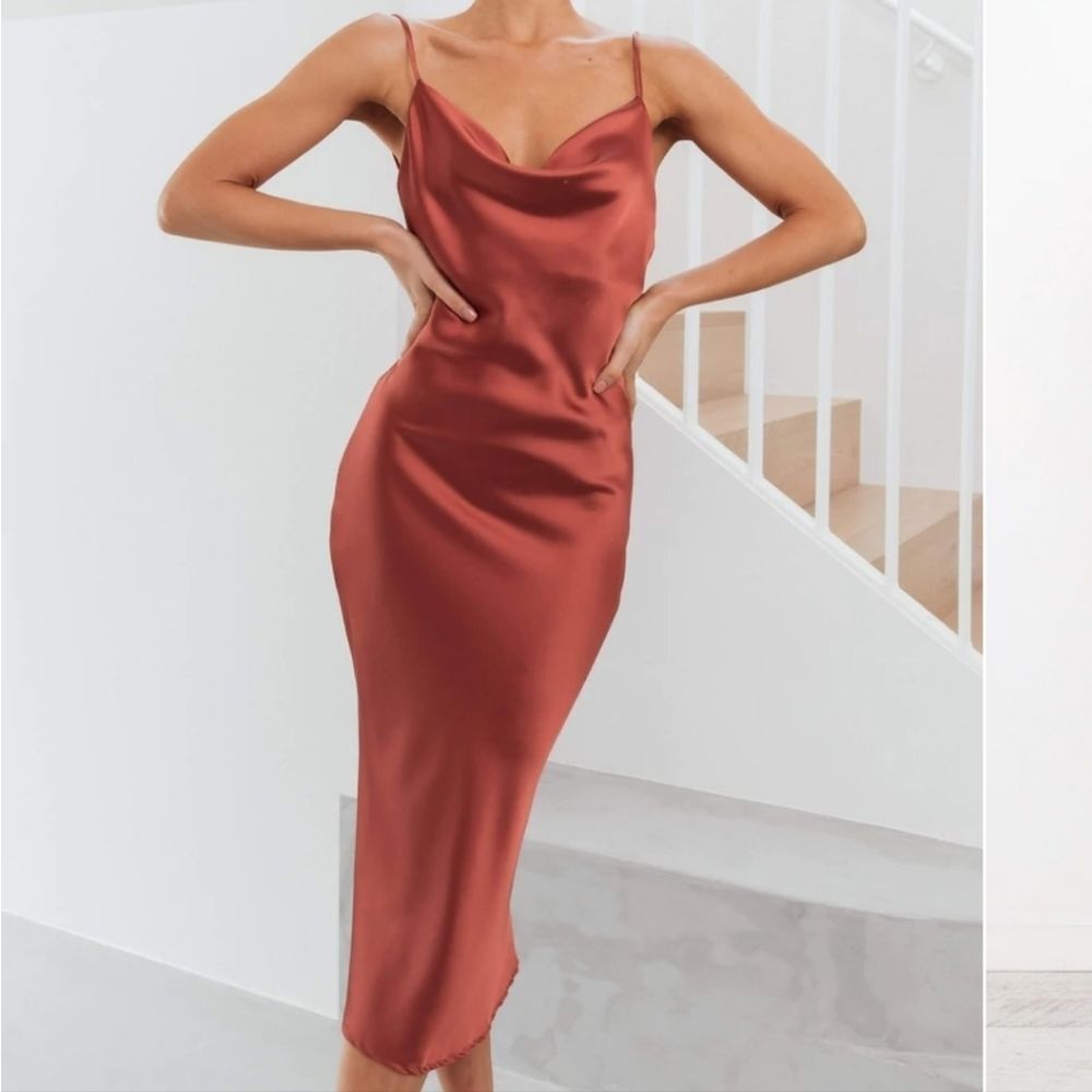 Petal & Pup Rust Persia Satin Draped Cowl Cocktail Midi Slip Dress 4US